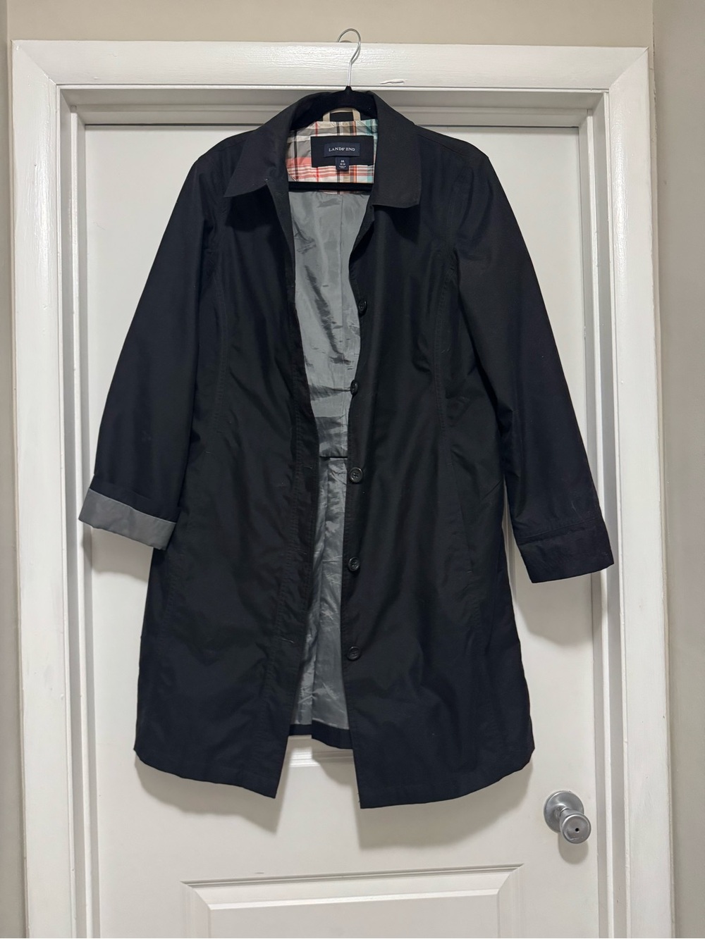 Lands' End Black Coat with Plaid Lining
